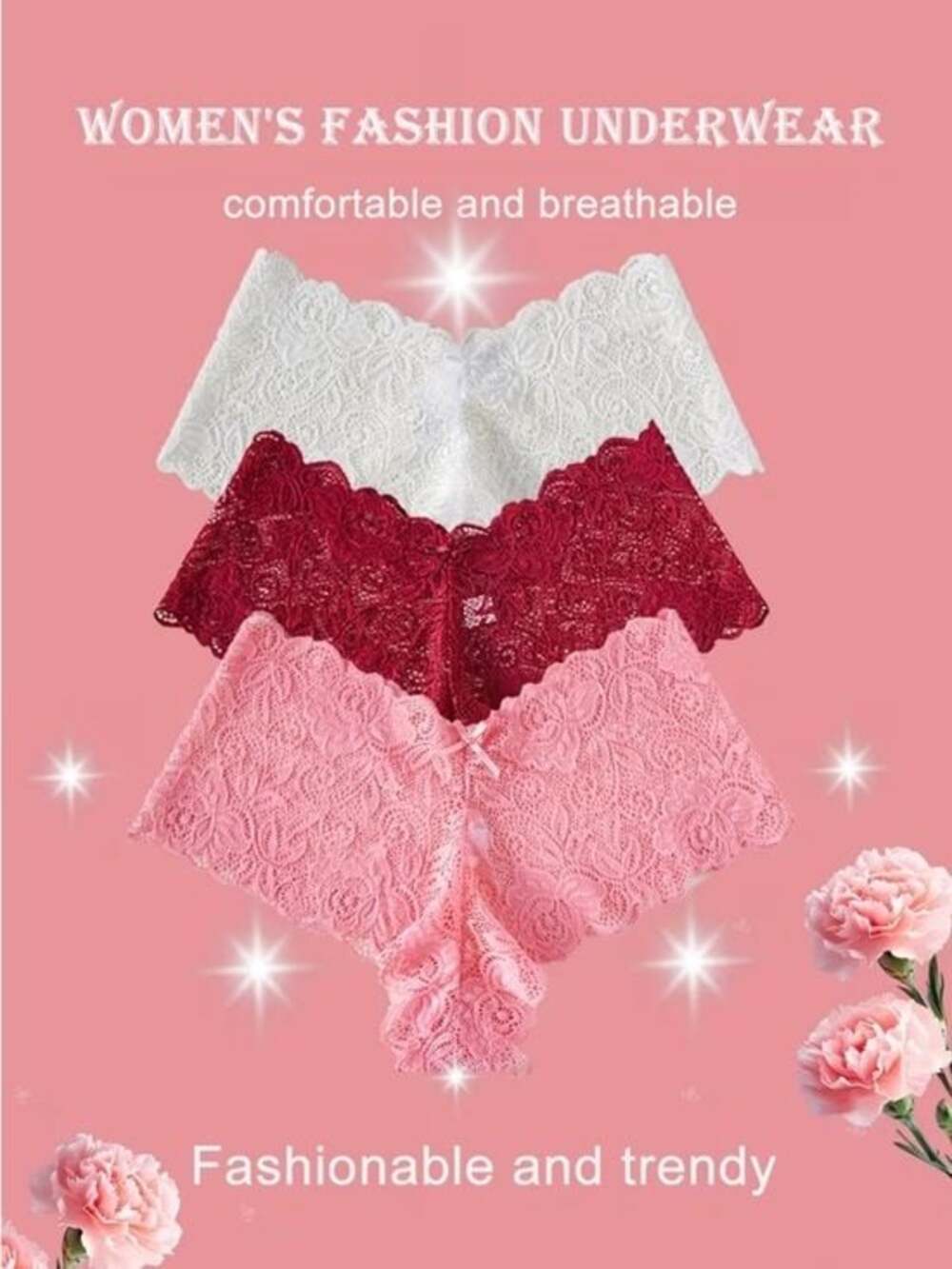 3 Lace Bikini Briefs - White, Burgundyw & Pink - Women's Intimates Size Medium - Picture 2 of 4